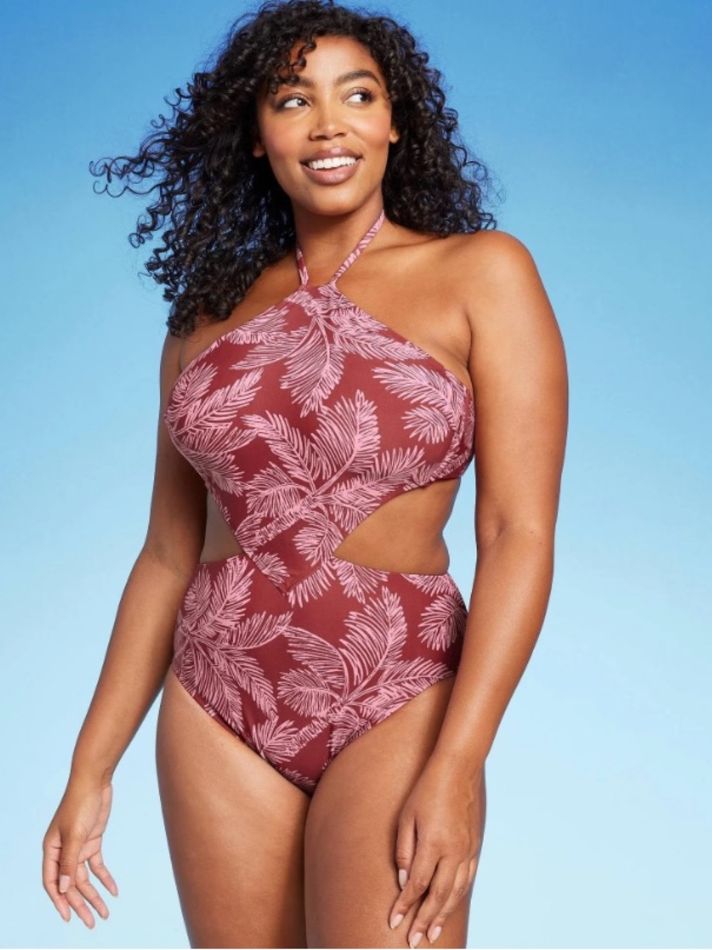Shade & Shore Rose-Mauve Palm Cutout Halter One-Piece Swimsuit